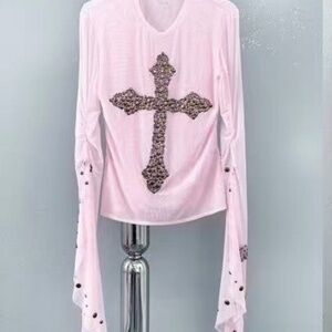 Y2K Cross Mesh Long Sleeve Top – Crystal Studded Sheer Shirt with Flared Sleeves